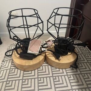 Black Metal Cage Table Lamps with Wooden Base